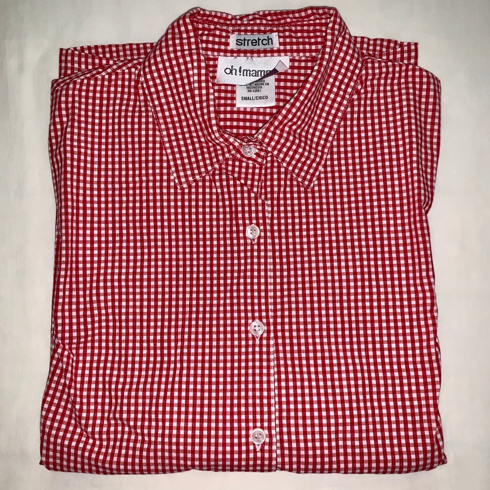Red gingham checkered button down maternity shirt.